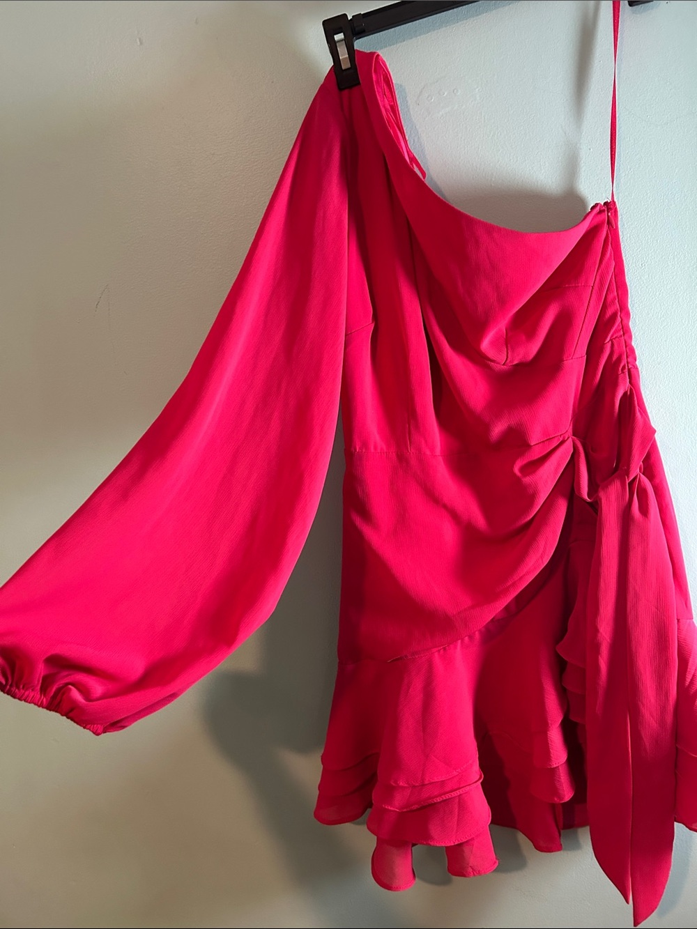 One-Shoulder Ruffle Mini Dress - Bright Fuchsia - Picture 7 of 7